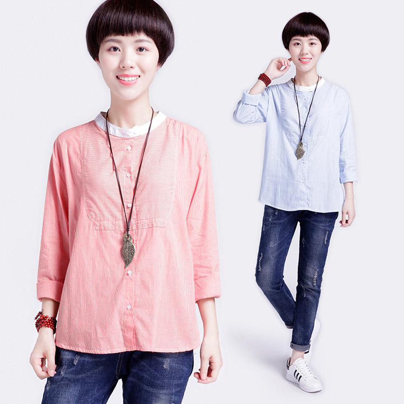 聆悦2016秋季新款纯色宽松平肩袖t恤 文艺休闲圆领单排扣上衣