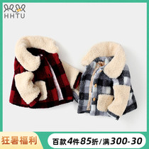 #Qing#Girls plush plaid coat Autumn and winter autumn foreign style female baby velvet jacket warm top