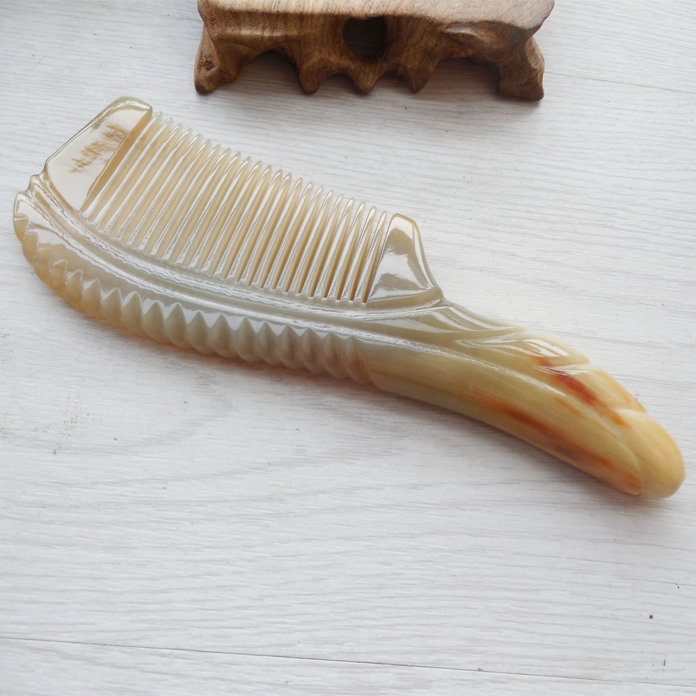 正品特厚白牦牛角梳天然手工雕刻按摩圆柄梳子牦牛角木梳