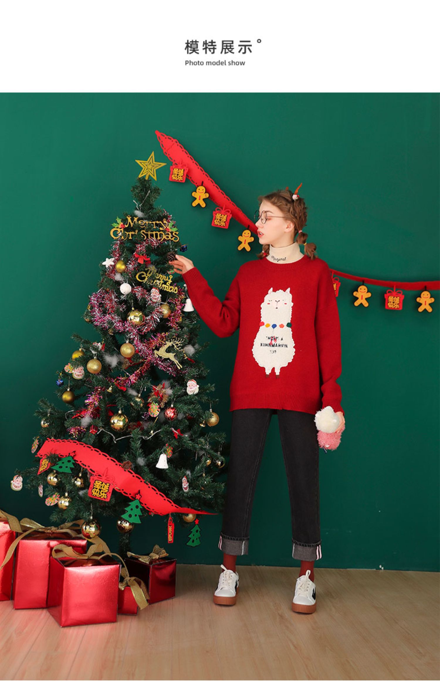 2019秋冬新款圣诞节鼠年毛衣女网红宽松红色针织衫黑