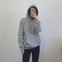 muzi 2021 Autumn Classic solid color sweater loose versatile kangaroo pocket long sleeve hooded sweater female black Gray