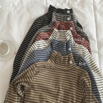 muzi striped long sleeve high neck bottomed sweater female 2021 Korean slim Joker Stretch Slim pullover top