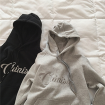 muzi 2021 autumn gray black BF letter hooded sweatshirt female Wanlong three-dimensional embroidery plus velvet hoodie coat