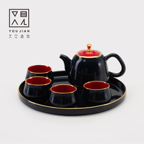 Japanese simple teapot tea set Household small set One pot four cups ceramic tray Tea table Office tea set