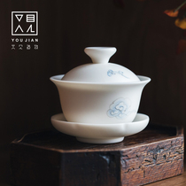 See also the creation of Dehua white porcelain hand-painted cover bowl tea cup three-year-old single handmade tea large tea bowl tea set