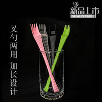 Long disposable fork spoon fruit fork spoon thick plastic dual-purpose fork spoon integrated sand ice spoon milk tea long handle fork spoon
