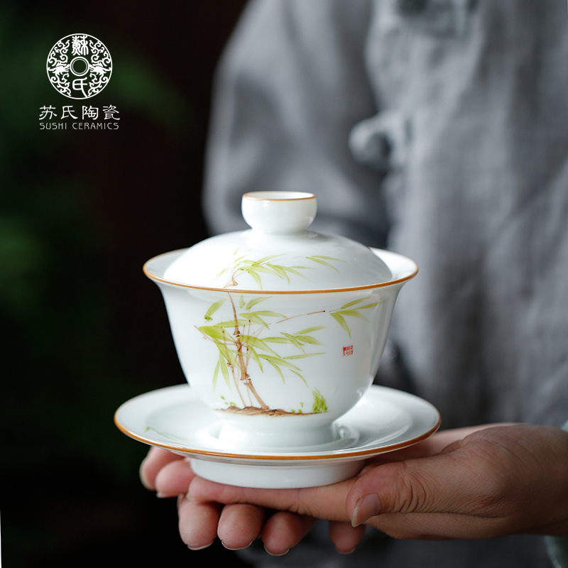 Su hand - made ceramic tureen to kung fu tea bowl three worship cups household hand grasp pot under the glaze color