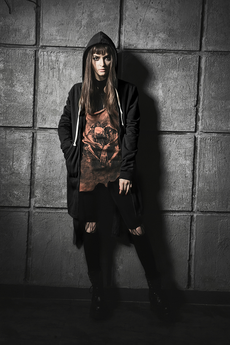 punk rave设计师原创新品宽松显瘦不对称套头中长款纯色带帽卫衣