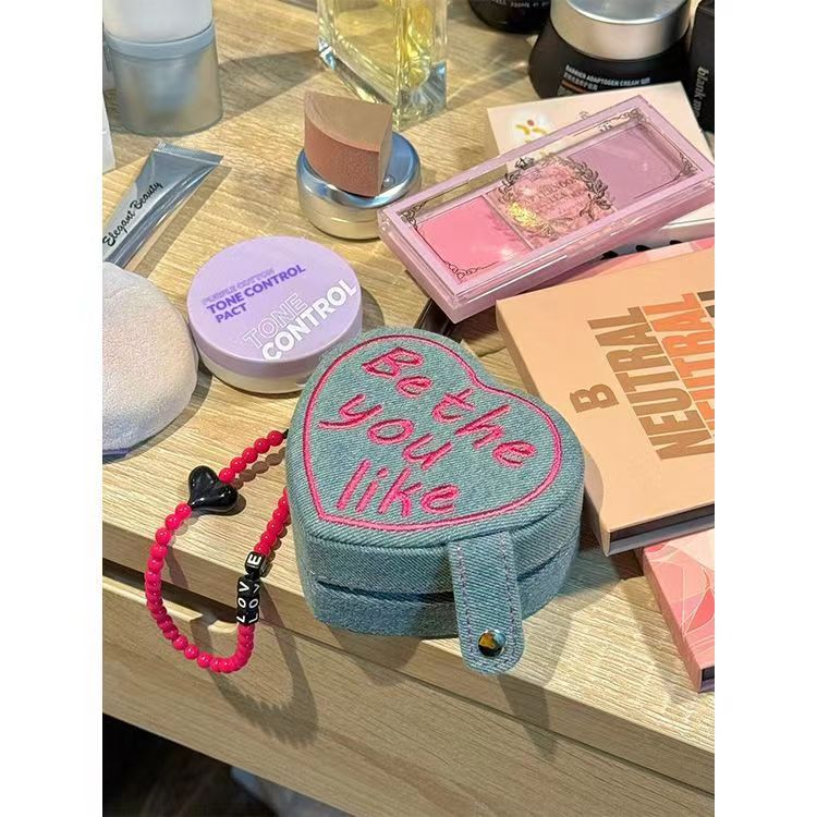 Heart-shaped Cake Mini First Accessories Box Retro Denim Ring Jewellery Containing box Travel portable to girlfriend gift-Taobao