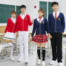 Middle and high school students red and blue knitwear sweater School uniform suit Class clothes Men and women British college style spring and autumn and winter