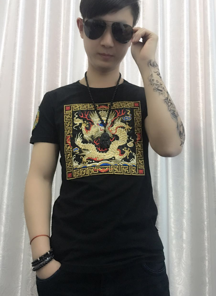 gucci吹笛人短袖 中國風刺繡花快手紅人同款短袖情侶t恤男女半袖潮龍袍短袖官服t恤 gucci吹笛人