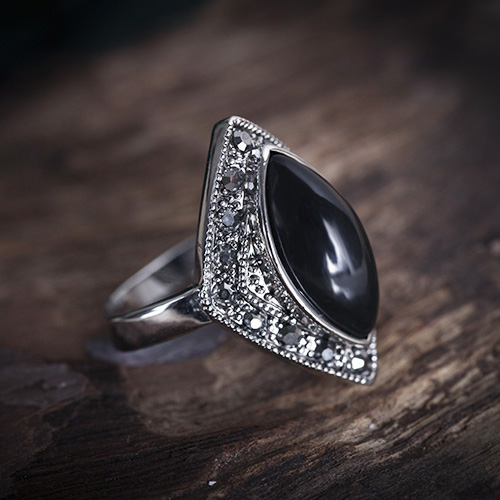 欧美复古民族风特色泰银工艺黑玛瑙黑宝石镶钻戒指女百搭时尚中指