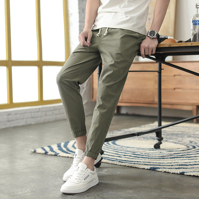 Beige pants ຜູ້ຊາຍ summer ບາງໆຝ້າຍບໍລິສຸດເກົ້າຈຸດ pants ຜູ້ຊາຍບາດເຈັບແລະ leggings sweatpants ກະທັດຮັດຕີນ elastic