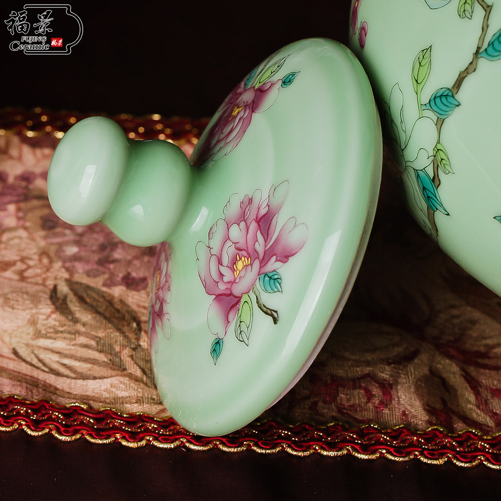 The scene household pure manual pea green glaze furnishing articles of modern decorative arts and crafts ceramics vase peony in The living room