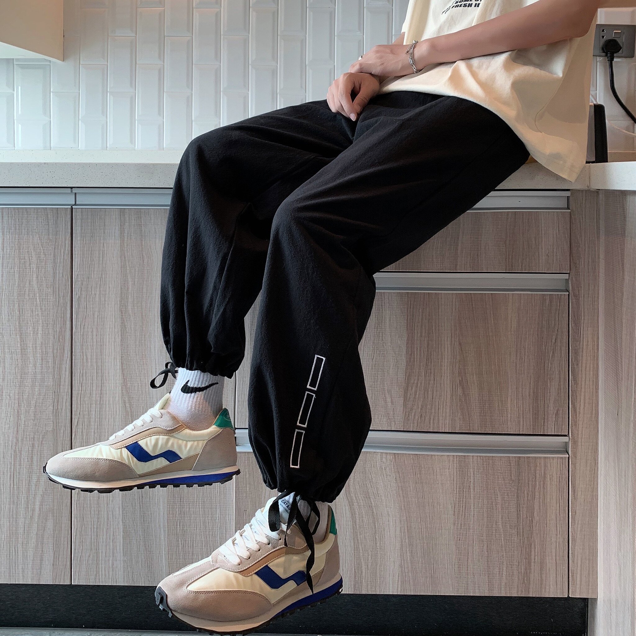 棉麻裤子高街ins痞帅直筒休闲裤男韩版潮流夏季阔腿裤