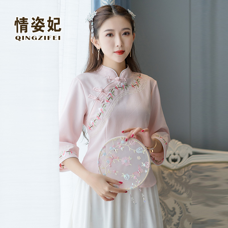 Republic of China style large size tea clothing cotton linen embroidered retro Tang coat Chinese style improved Han clothing cheongsam two-piece set