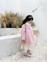 2021 new thickened girls medium long style Korean version pink fur collar cute wool coat of wool