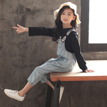 Child Clothing Girl Suit Fall New CUHK Child Han Version Casual Denim back with trousers Long sleeves Ocean Gas Two sets of damp