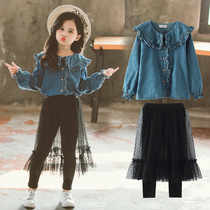 Childrens wear girl suit 2021 Autumn New Korean denim shirt coat polo dot mesh skirt two-piece set