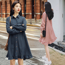 Maternity dress autumn 2019 Net red loose autumn winter plaid shirt Spring Autumn long sleeve Super fairy skirt