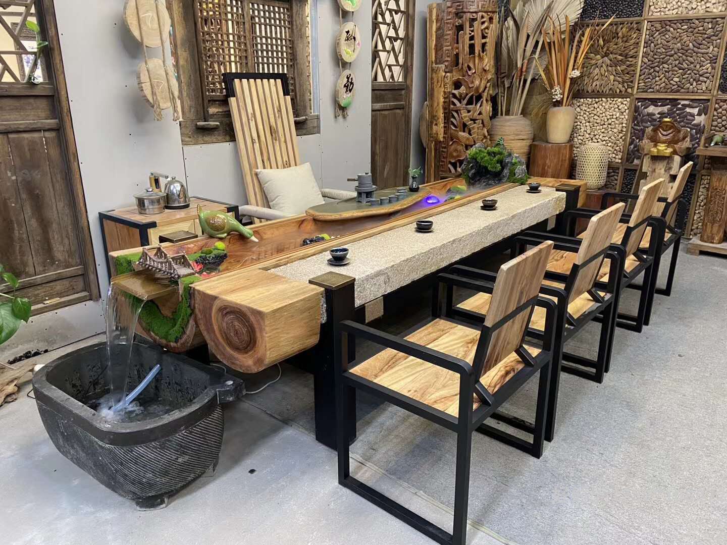 高山流水茶台接待会客水泡香樟木木大板流水茶台禅意桌椅组创意