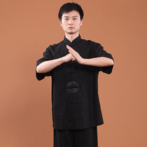 Taiji clothing male cotton linen spring summer short sleeve middle-aged and elderly Taijiquan morning exercise martial arts performance clothing practice clothing