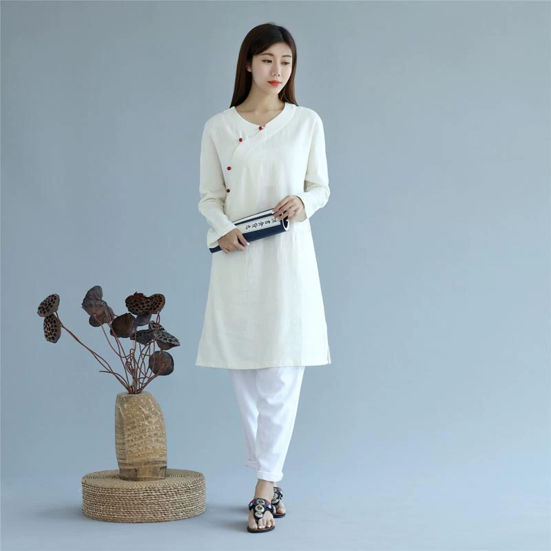 Linen dài tay áo sơ mi phụ nữ quần áo mùa thu retro Zen phụ nữ phong cách Hanfu văn học màu sắc áo choàng dài lỏng lẻo đáy từ trên xuống - Áo sơ mi dài tay