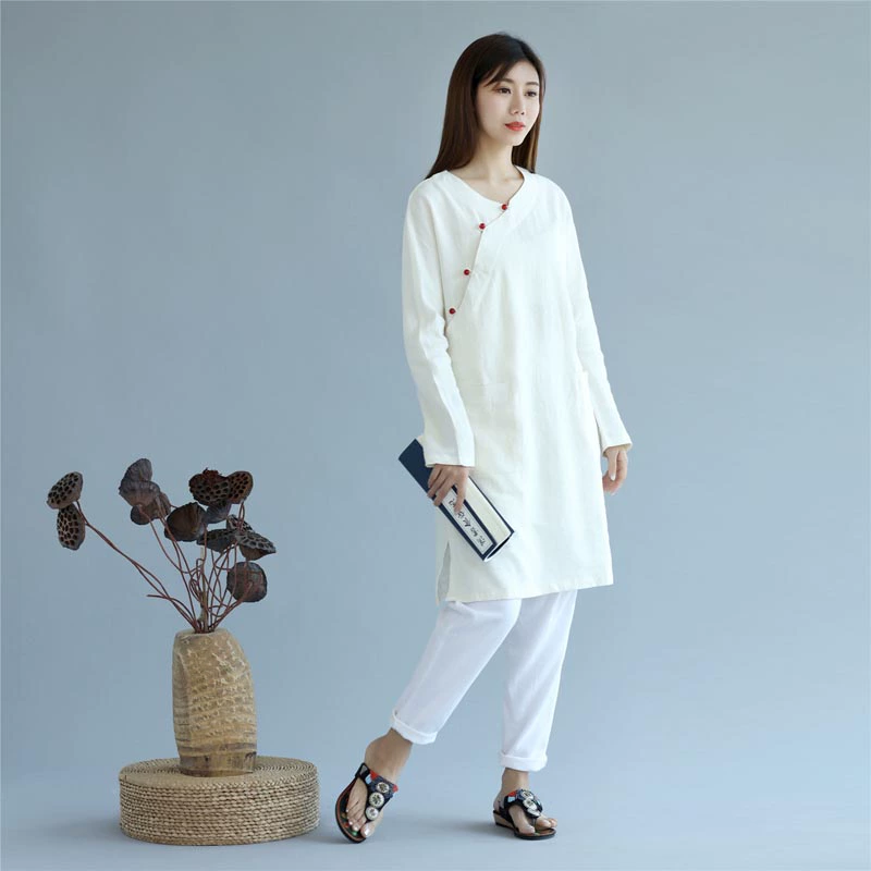 Linen dài tay áo sơ mi phụ nữ quần áo mùa thu retro Zen phụ nữ phong cách Hanfu văn học màu sắc áo choàng dài lỏng lẻo đáy từ trên xuống - Áo sơ mi dài tay