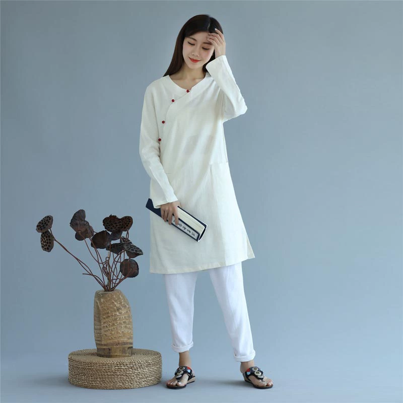 Linen dài tay áo sơ mi phụ nữ quần áo mùa thu retro Zen phụ nữ phong cách Hanfu văn học màu sắc áo choàng dài lỏng lẻo đáy từ trên xuống - Áo sơ mi dài tay