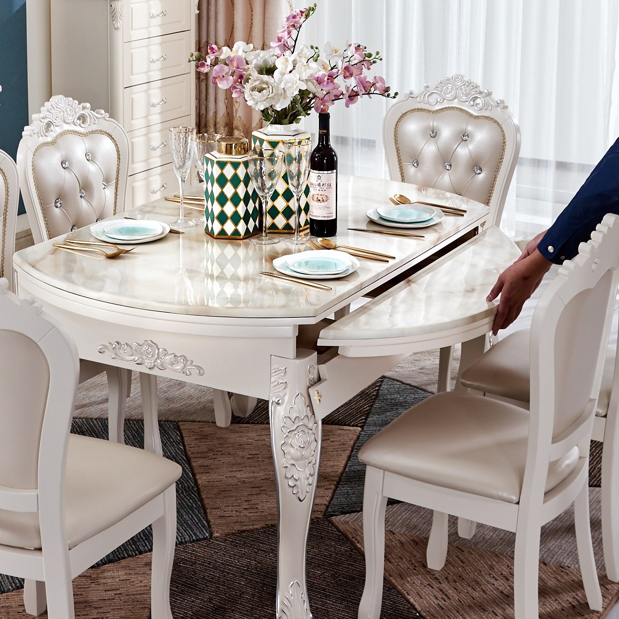 欧式餐桌椅组合大理石长方形伸缩折叠饭桌小户型实木圆形圆桌6人