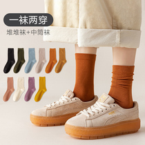 Socks female tube spring and autumn cotton ins tide Joker Japanese pile socks autumn solid color black ladies stockings