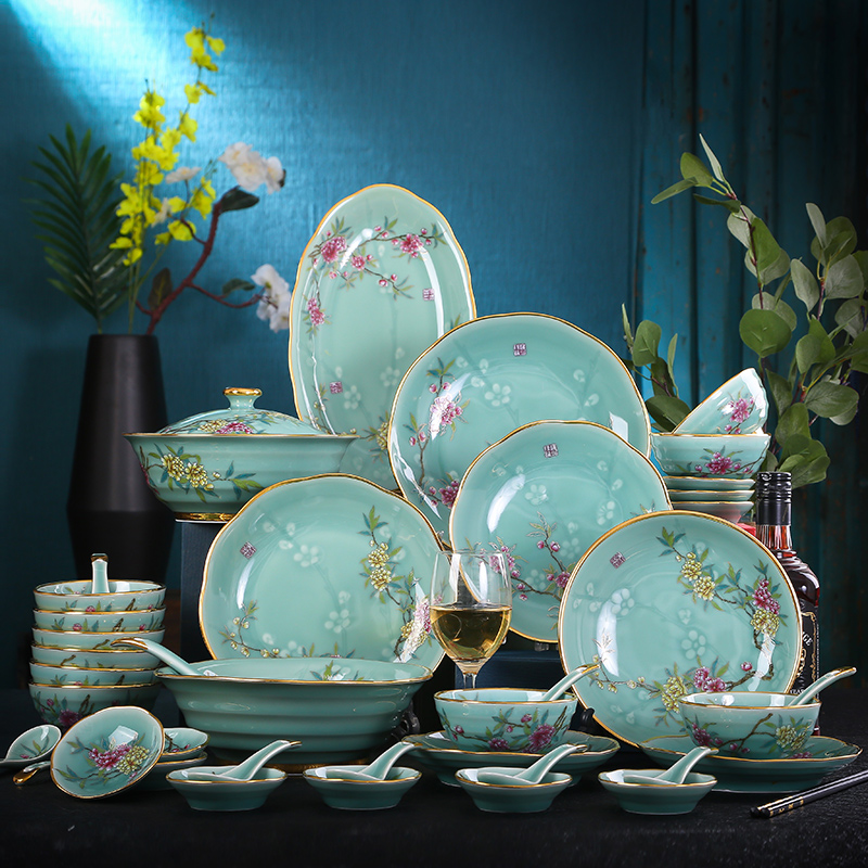 Jingdezhen Jingdezhen celadon tableware suit household of Chinese style up phnom penh dishes combine high - end dishes the icing on the cake