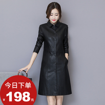 2022 Spring and Autumn New Haining Leather Dress Womens Medium and Long Slim Slim Leather Trench Coat Korean Version Large Size Leather Jacket Tide