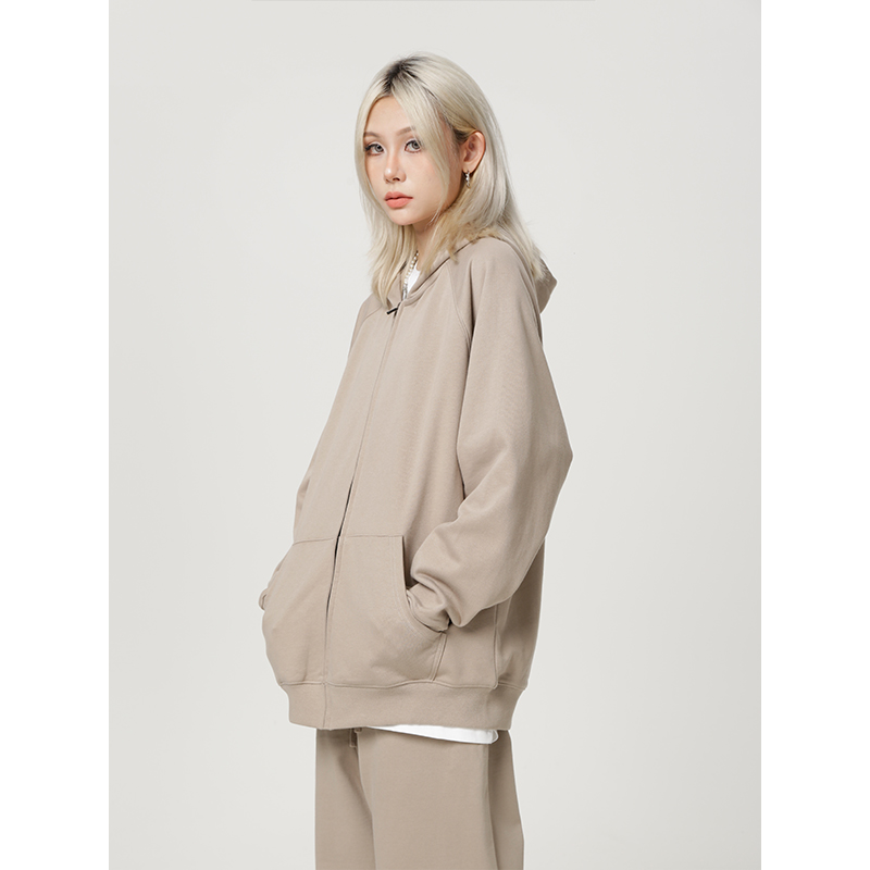 Almo1994秋冬季重磅加绒纯色拉链卫衣外套男女情侣装宽松运动帽衫