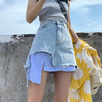  Denim skirt womens spring 2020 new hole irregular stitching high waist a-line short skirt ins wind skirt