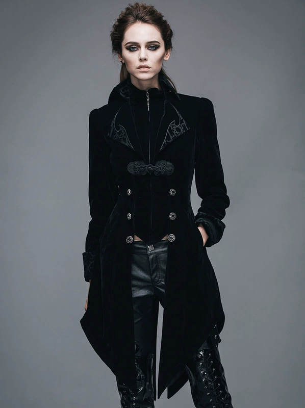 Steel Master Gothic phụ nữ mùa xuân và mùa thu áo khoác áo khoác gió trung thu dài áo khoác steampunk áo tuxedo cổ đứng mỏng - Trench Coat