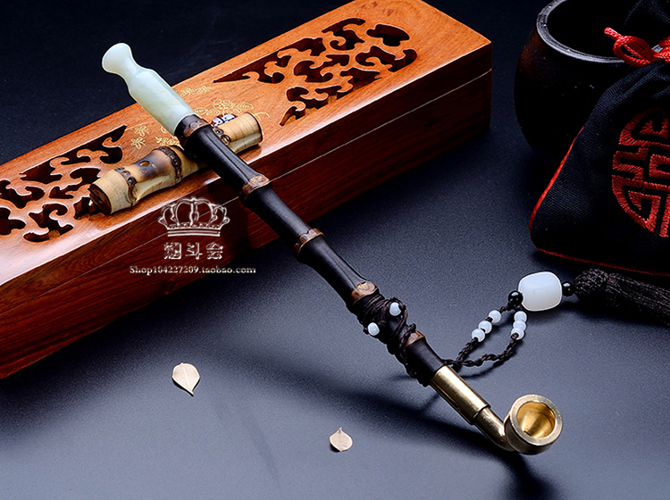 手工旱烟袋烟斗玉烟嘴黄铜锅 紫竹老式旱烟袋烟袋锅竹节烟杆25cm
