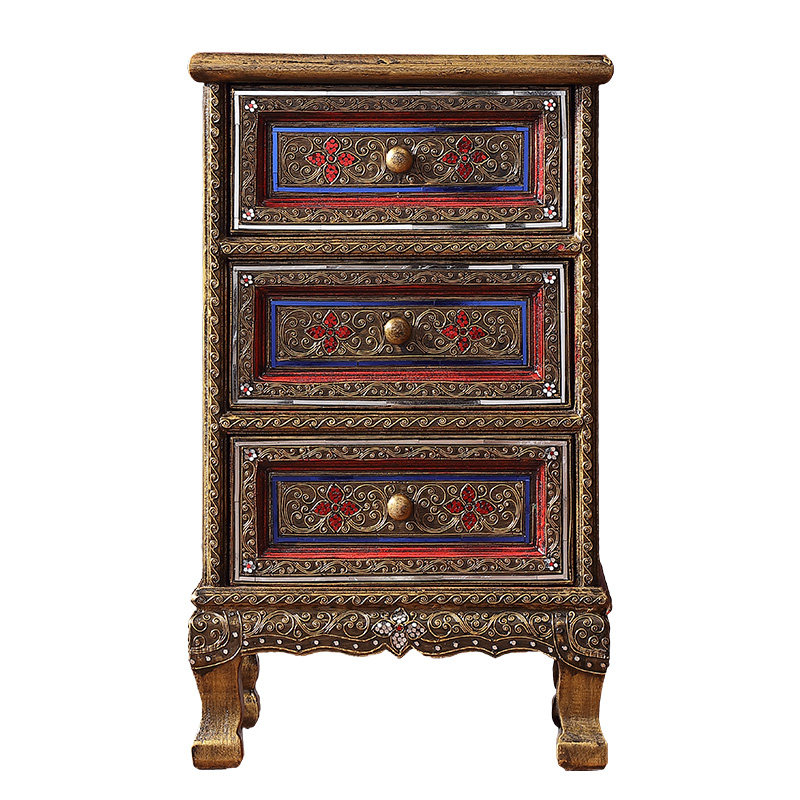 泰国实木床头柜复古斗柜 东南亚风格家具泰式手工雕刻储物柜