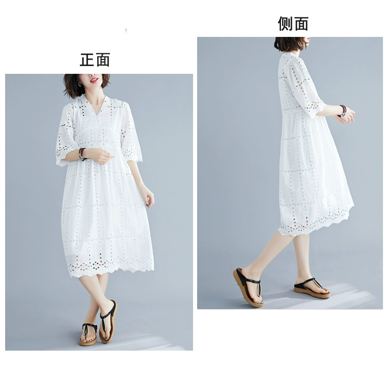 Mùa hè 2019 phiên bản mới của Hàn Quốc của chiếc váy siêu cổ tích rỗng màu trắng cổ V rỗng cỡ lớn dành cho phụ nữ là chiếc váy một đường mỏng - A-Line Váy