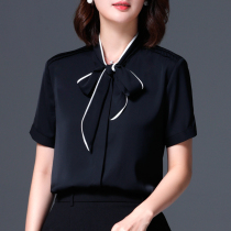 Black bow lace-up shirt women short sleeve professional dress summer 2021 New chiffon top white shirt