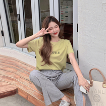 HELLOKAY solid color T-shirt womens letter printing 2021 summer new loose Korean round neck short-sleeved top