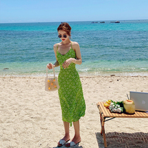 Seaside holiday style French retro tea break skirt Floral print super fairy side hem split split suspender dress summer
