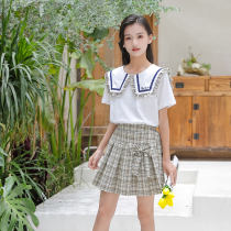 Set female middle and college wind Navy wind two-piece set 2021 summer new lattice skirt skin-friendly breathable age