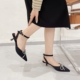 2022 New pointy new product temperament straight line with low heel rhinestone bowknot Baotou commuting sandals
