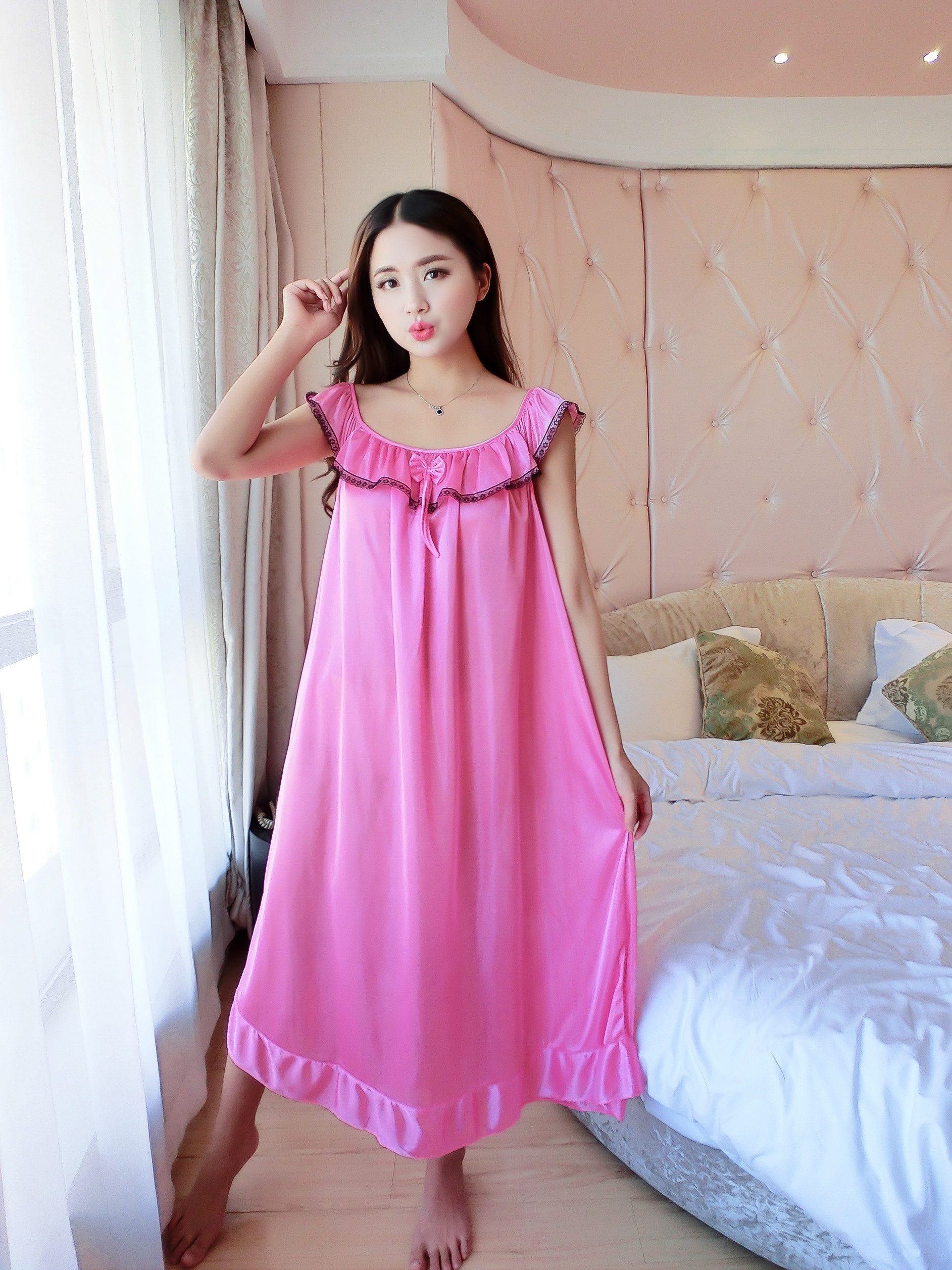 夏季性感女式睡裙真丝女士中裙女款夏装冰丝夏天睡衣