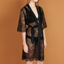 Soft black lace sex dressing gown pajamas women sexy temptation perspective thin long lace-up bathrobe