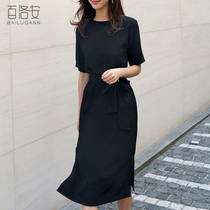 Bai Luoan simple short sleeve knee skirt dress womens dress new long skirt lace up thin black dress