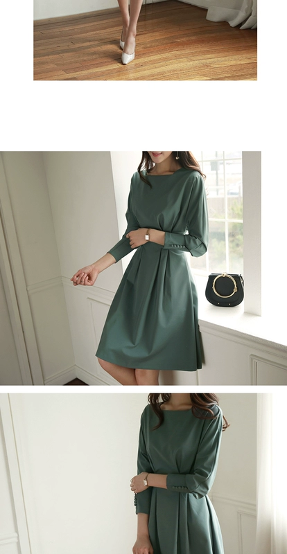 Bai Luoan váy dài tay của phụ nữ mùa thu sản phẩm mới tính khí mỏng trung bình một dòng cổ áo dài một dòng váy lớn váy chữ A - A-Line Váy