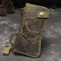 Vintage mens dragon clutch leather long anti-theft wallet Crazy Horse leather mens bag Key ring Mens wallet