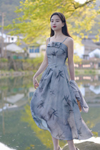 WANTING late Wing Bamboo New Chinese ink-ink bamboo printed irregular downswing harnesses even dress pleasants